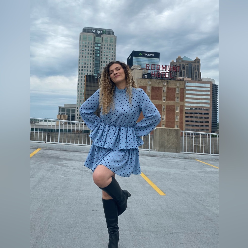 In The Style x Olivia Bowen high neck skater dress with belt in blue polka dot
